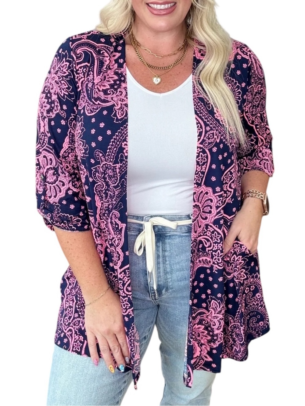 Dear Scarlett Lizzy Cardigan With Pockets Navy & Pink NWT